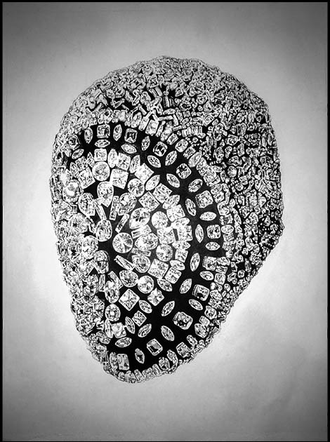 A stippling drawing of Maison Martin Margielas crystal mask from his F/W 2012-13 collection